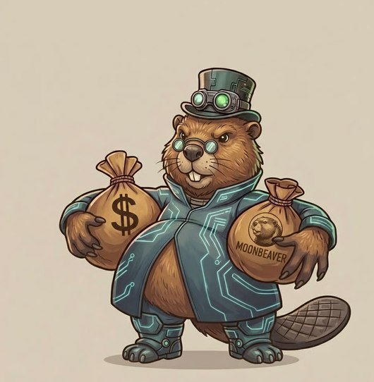 SpaceBeaver in a glowing space suit holding two money bags