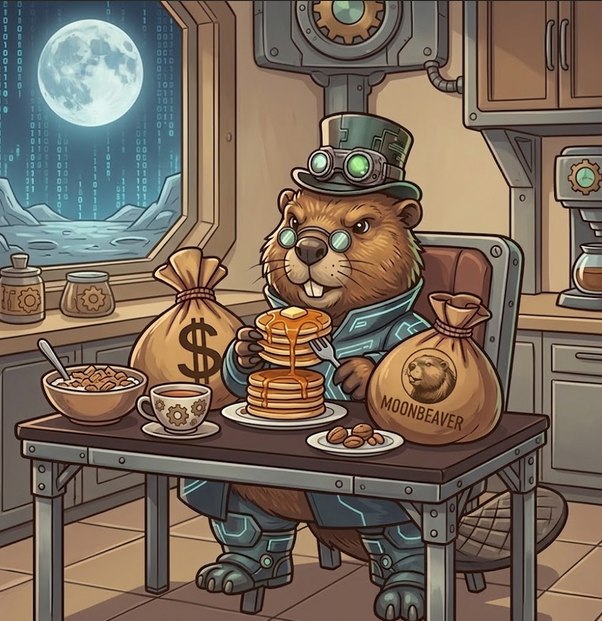 SpaceBeaver enjoying pancakes in a lunar cabin