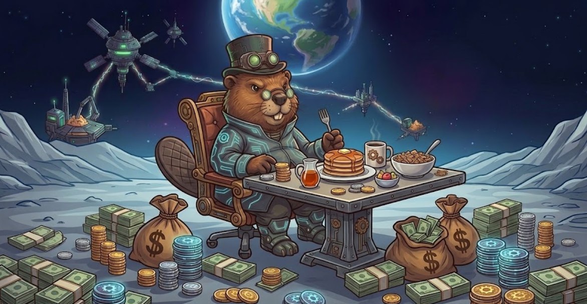SpaceBeaver having breakfast on the Moon with Earth in the sky
